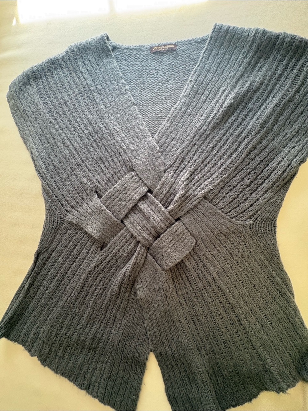 Women's Gray V-Neck Knit Sweater with Braided Front Detail